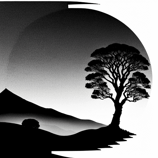 AI generated: Three round hills, with a tree at the top of the left and right hand hill.  No tree on the middle hi...