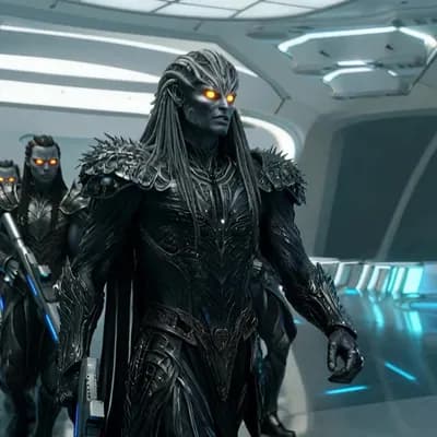 AI generated video: Multiple armed characters from reference image one move through the hangar of reference image 2, clo...