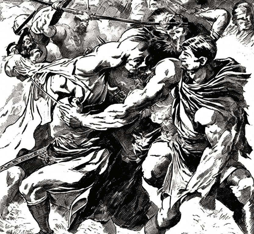 AI generated: an hero in graphic novel style halting assaulting barbarians with a stretched arm. The hero has feat...