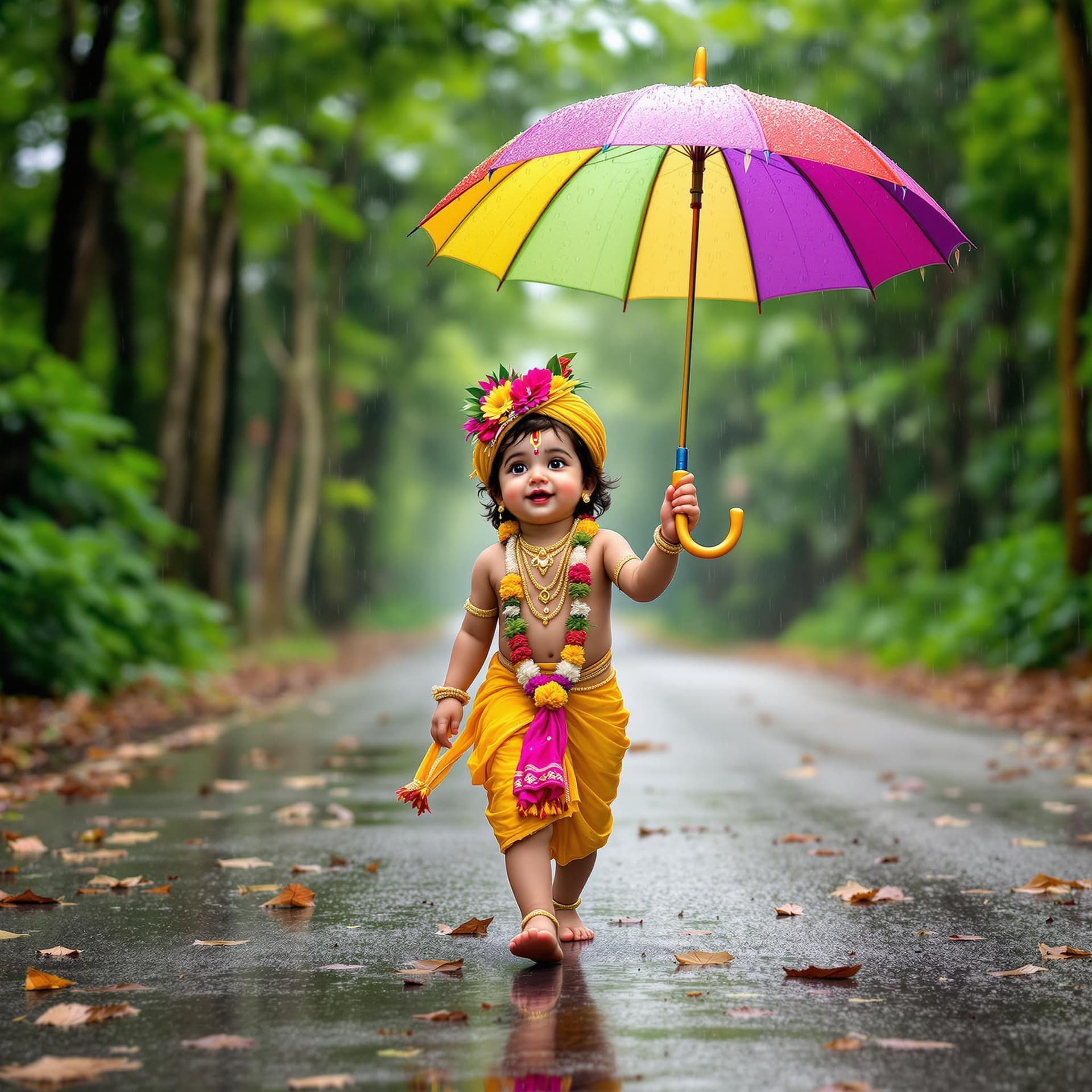 AI generated: Baby Krishna ji, strolling down a forest road He holds a colorful umbrella in his hand, which contra...