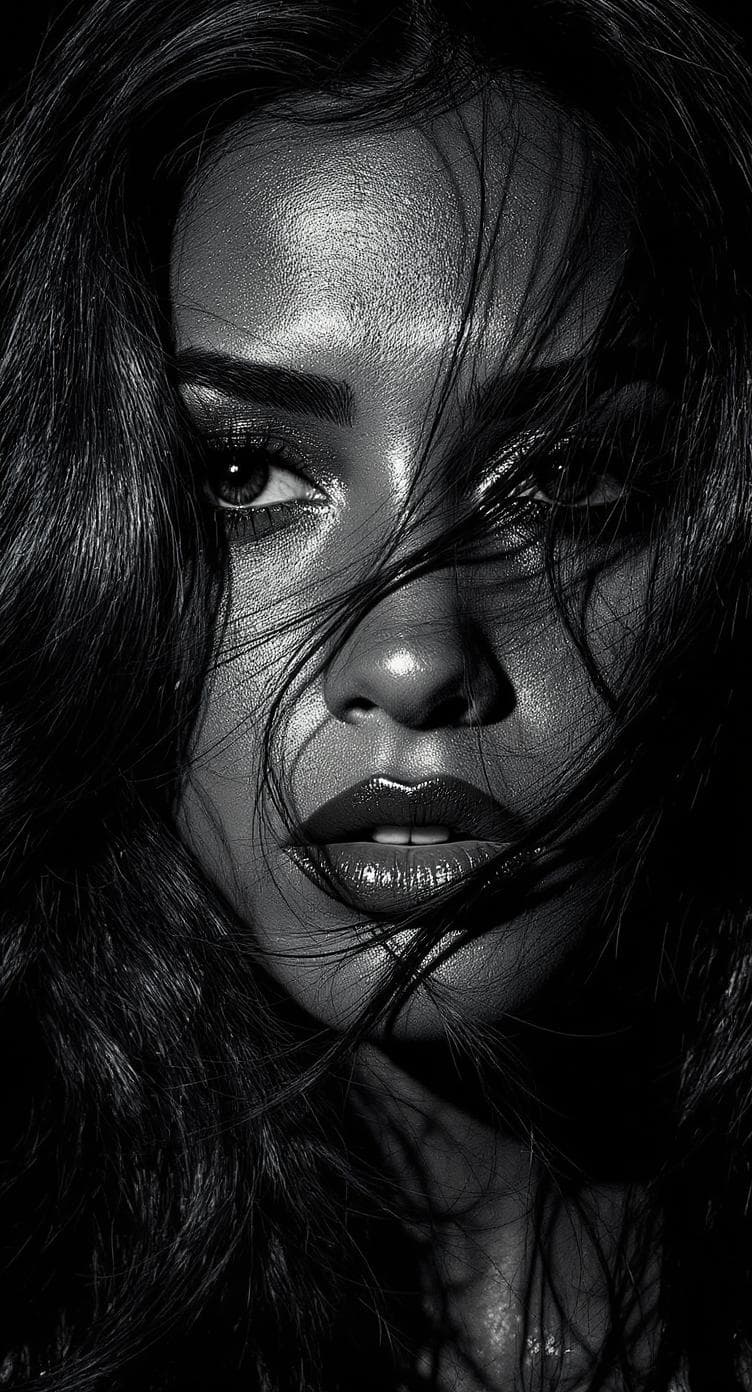 AI generated: black and white photography, fashion editorial, n in studio lights, highres, realistic photo, profes...