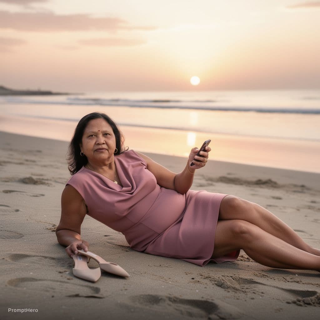 AI generated: Slavic Hot 60 year old Hot mom she Has tall Thick thighs lying on the Beach during sunset with natur...