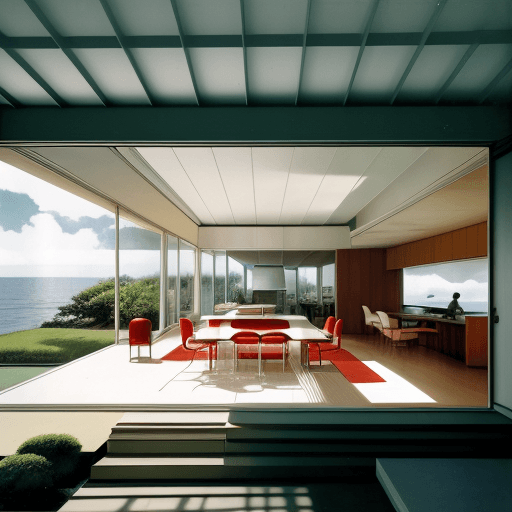 AI generated: Hyper realistic eye level exterior photo of a mid century modern style house overlooking the ocean, ...