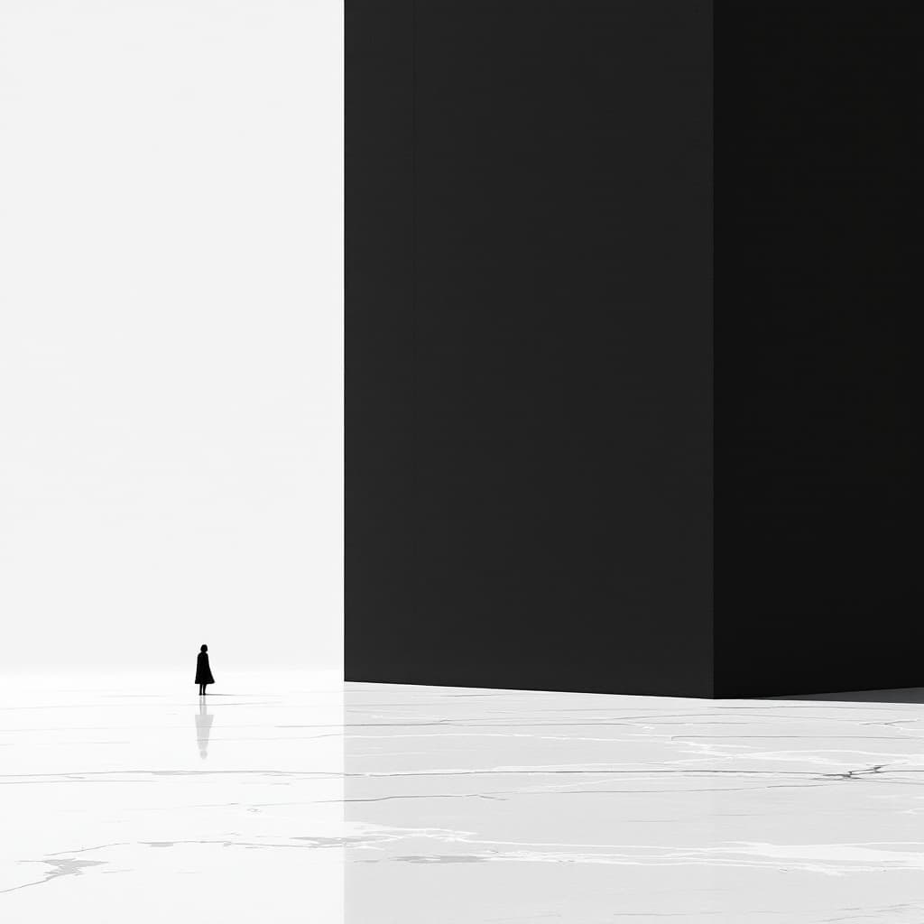 AI generated: 20.	a solitary figure on a stark white plane, giant black monolith behind them, conceptual space --v...