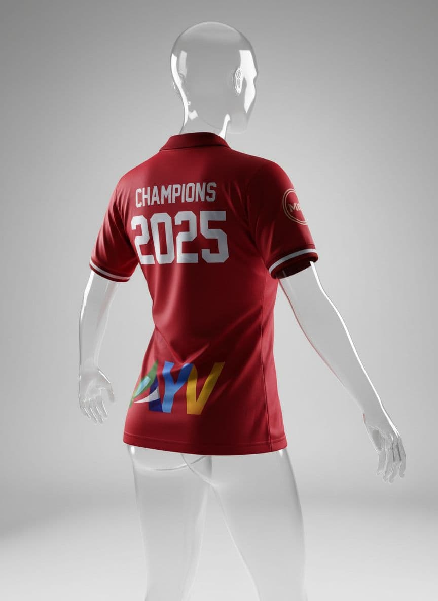 AI generated: A rear view  female body type realistic 3D mock-up of a red soccer jersey in a rear-view power pose,...
