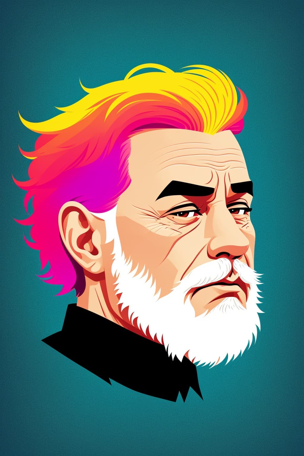 AI generated: old grumpy grandpa, hair on fire, style of Lisa Frank, Vector art, Vivid colors, Clean lines, Sharp ...