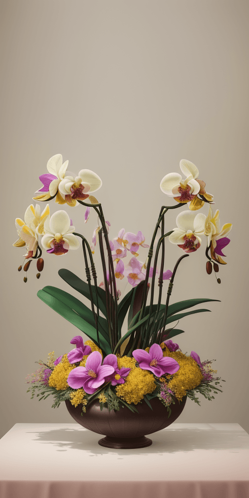 AI generated: wide angle photograph of a large and bountiful orchid and wild blossoms arrangement being displayed:...