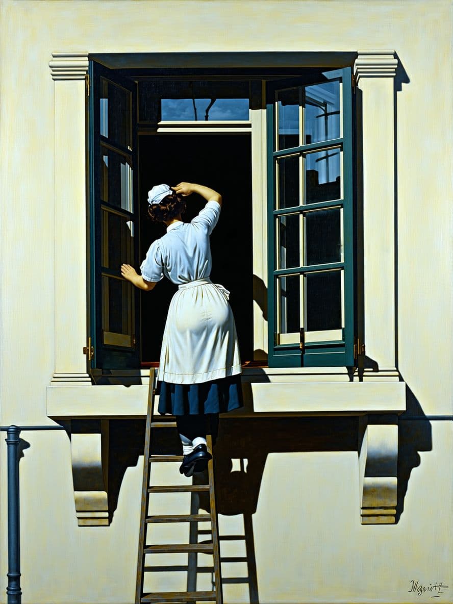 AI generated: A surrealist painting by Rene Magritte in which a housemaid is washing the one window in a small roo...