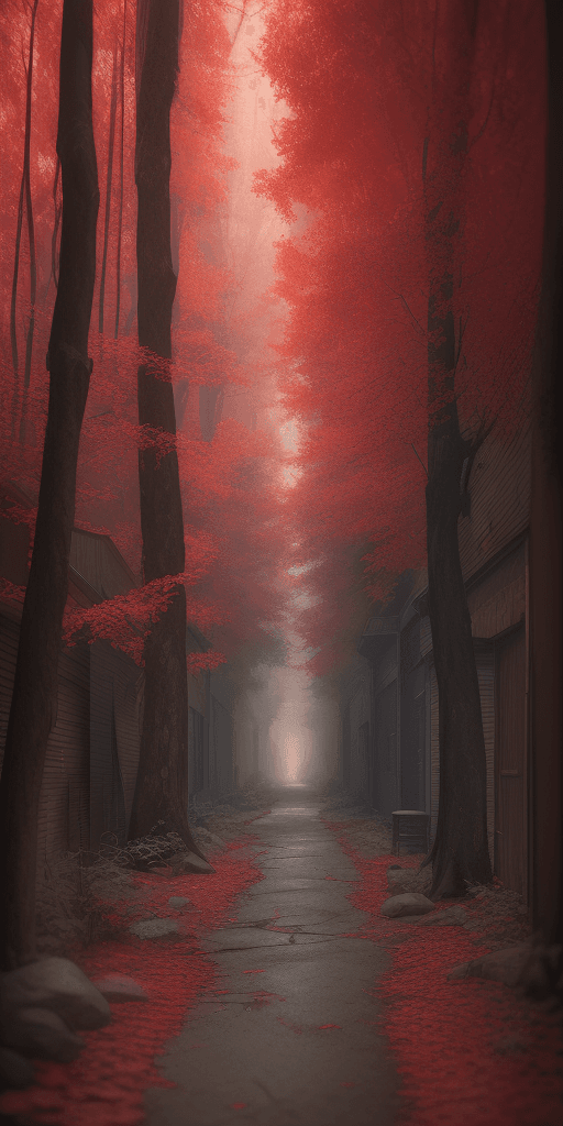 AI generated: a professional photographic view picture of an alley in a red forest, photographic filter unreal eng...