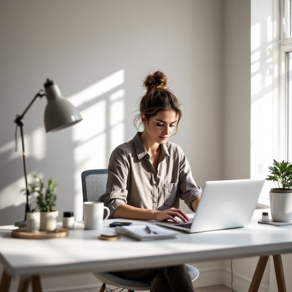 AI generated: Modern, minimalist workspace, focused designer woman at a white desk, surrounded by objects of produ...