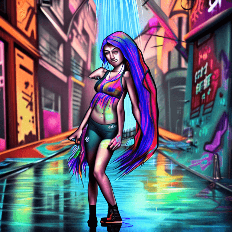 AI generated: masterpiece, concept art, centered, wide shot, front view, 1girl, wet, (rain, night), body tattoo, m...