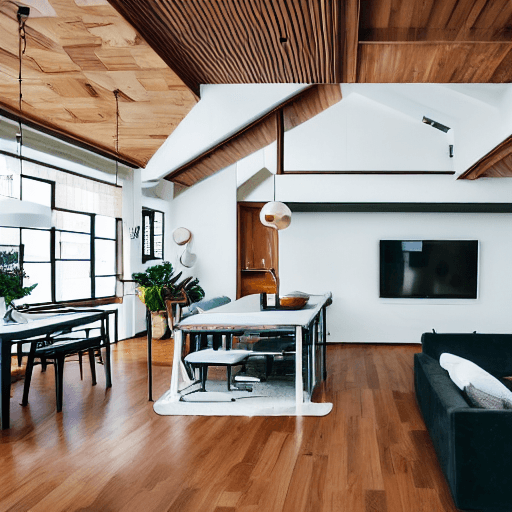 AI generated: interior design, open plan, kitchen and living room, modular furniture with cotton textiles, wooden ...