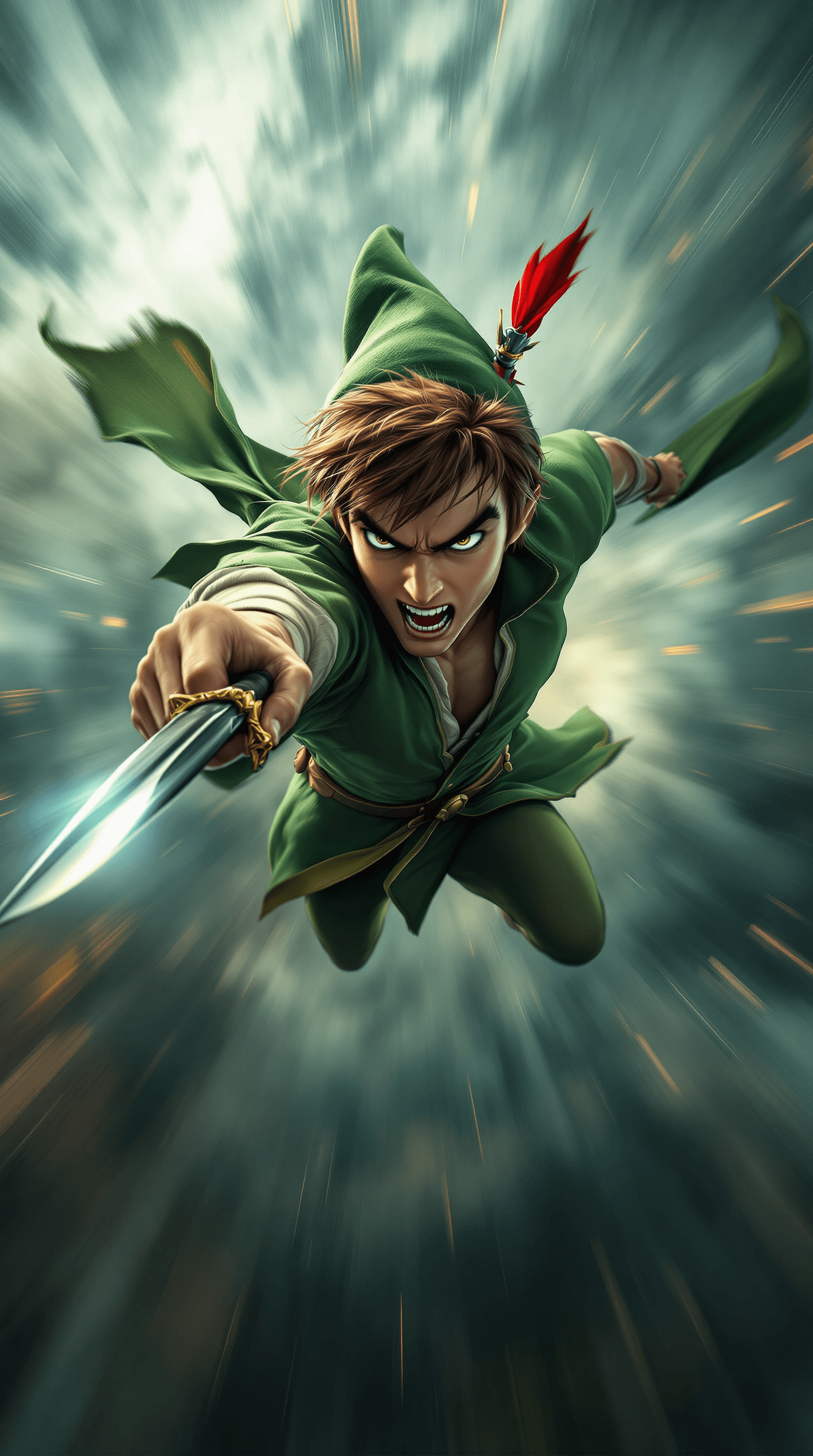 AI generated: A hyper-realistic, cinematic action shot of Peter Pan soaring directly toward the camera in an inten...