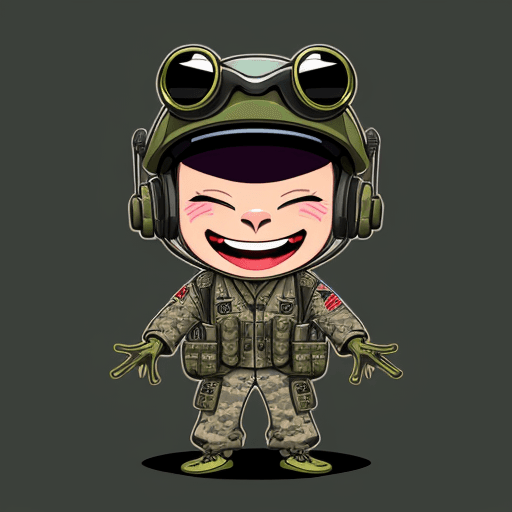 AI generated: " 1male, anthropomorphic frog, closed eyes, wearing army helmet with aviation goggles on it, laughin...