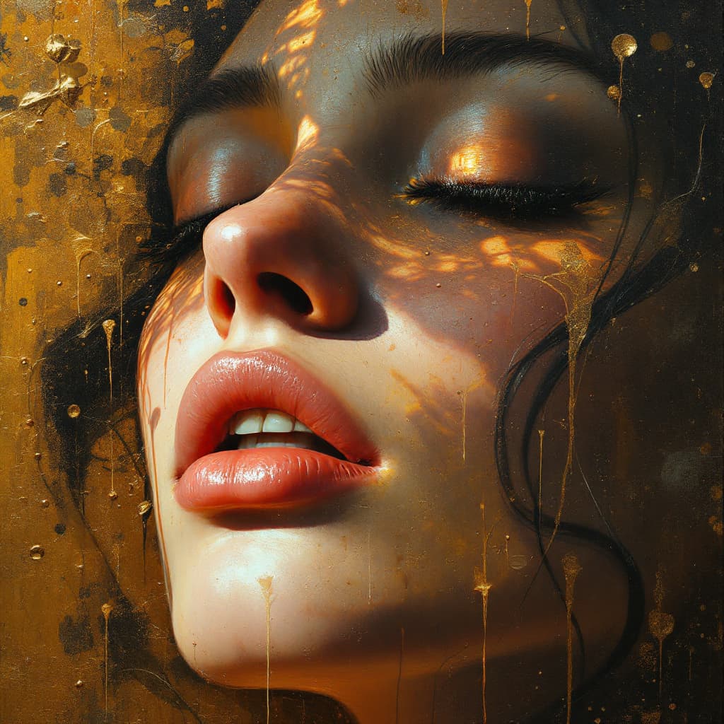 AI generated: A surreal oil painting of a person's face in extreme close-up, golden light illuminating their soft ...