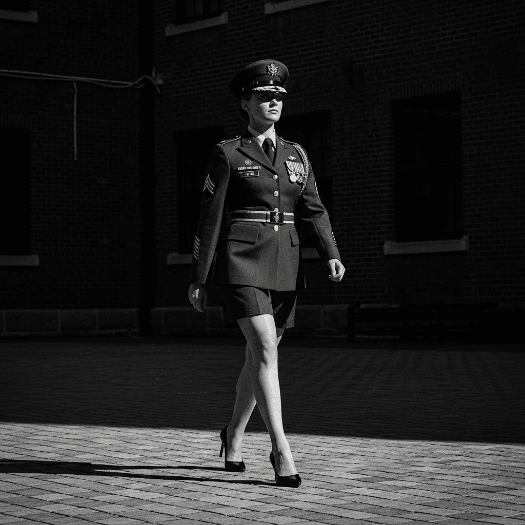 AI generated: Stunning female officer walks in 1950 on the street of Amsterdam