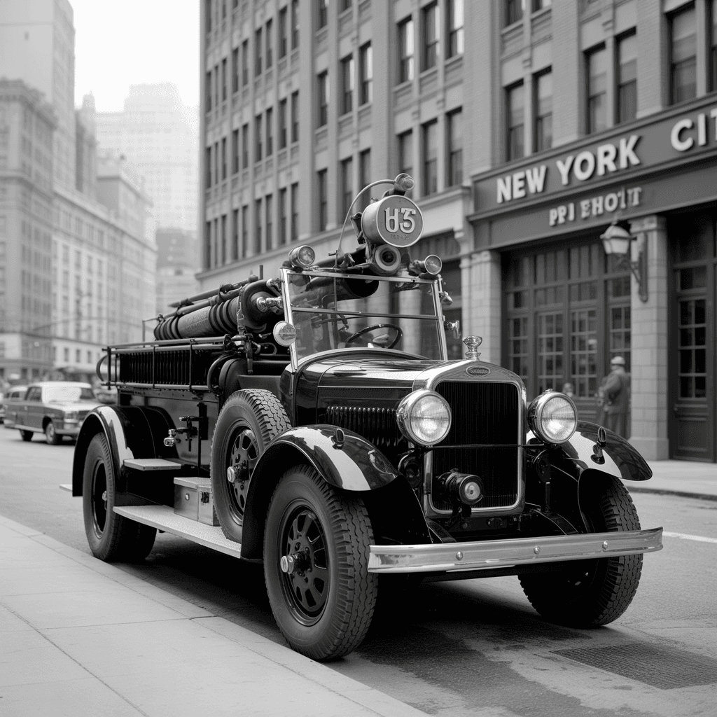 AI generated: photo-realistic black and white photo of a 1920's New York fire engine, parked outside the fire hous...