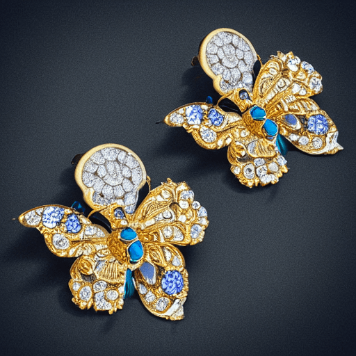 AI generated: full display of baroque style jewelry design, a pair of earrings, blue gemstones with different satu...
