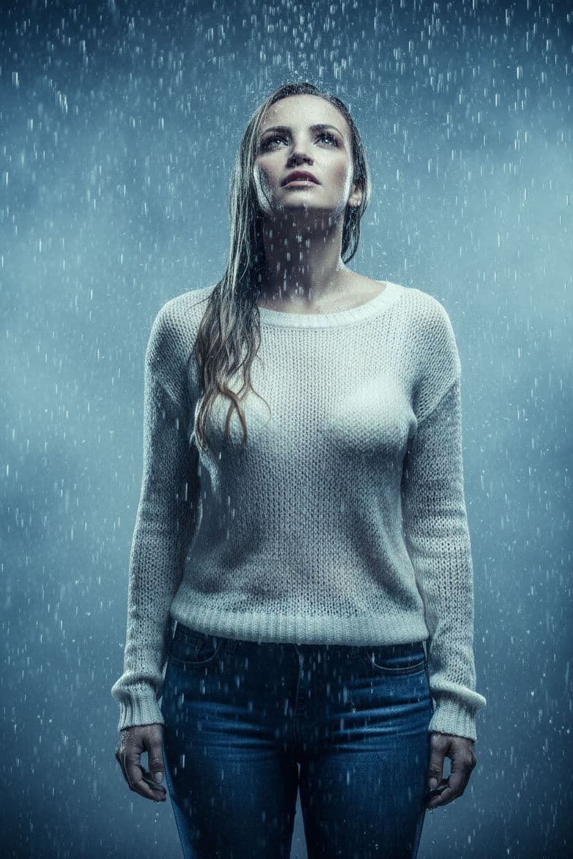 AI generated: Create an image with the attached photo of an elegant woman standing in intense rain, soaked, and a ...