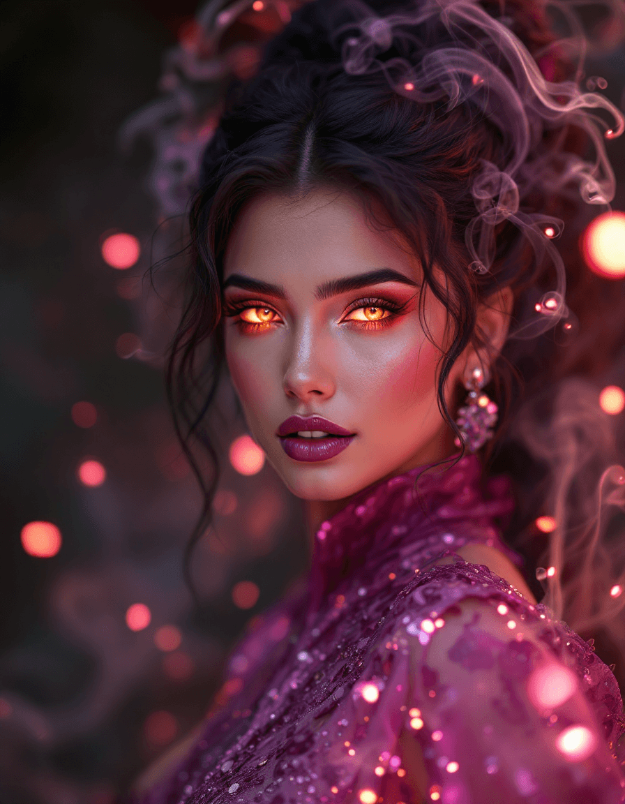 AI generated: In the center of the frame stands a sultry divine element, her skin aglow with ethereal light, her e...