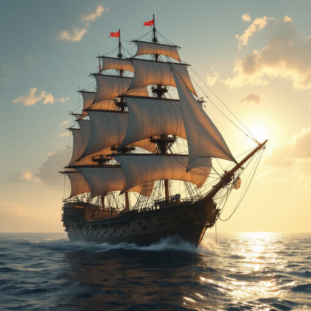 AI generated: Photo of a ultra realistic sailing ship, dramatic light, pale sunrise, cinematic lighting, battered,...