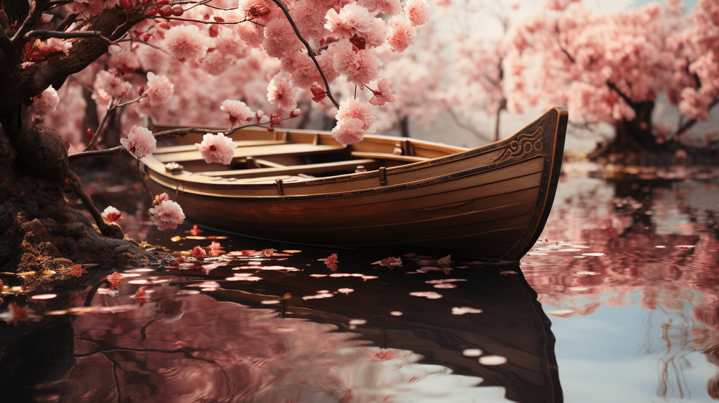 AI generated: a boat in the middle of the cherry blossoms, in the style of lush scenery, fairycore, cute and dream...