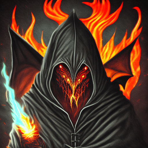 AI generated: Retro Dark Fantasy Gothic Style, Hooded Cloak Figure faces towads evil dragon, derilict background, ...