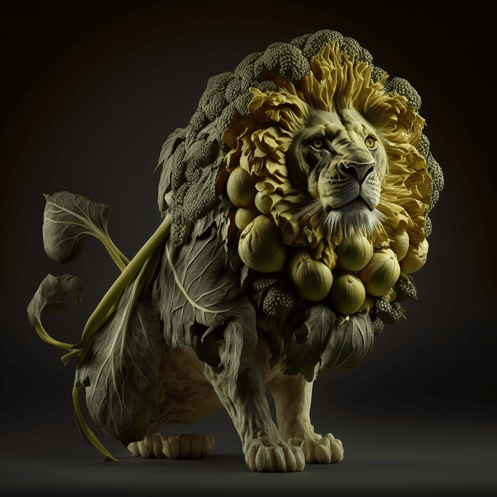 AI generated: a lion in a shape of an cauliflower::100, vegatable::15, hoto realistic, cinematic lighting, epic co...