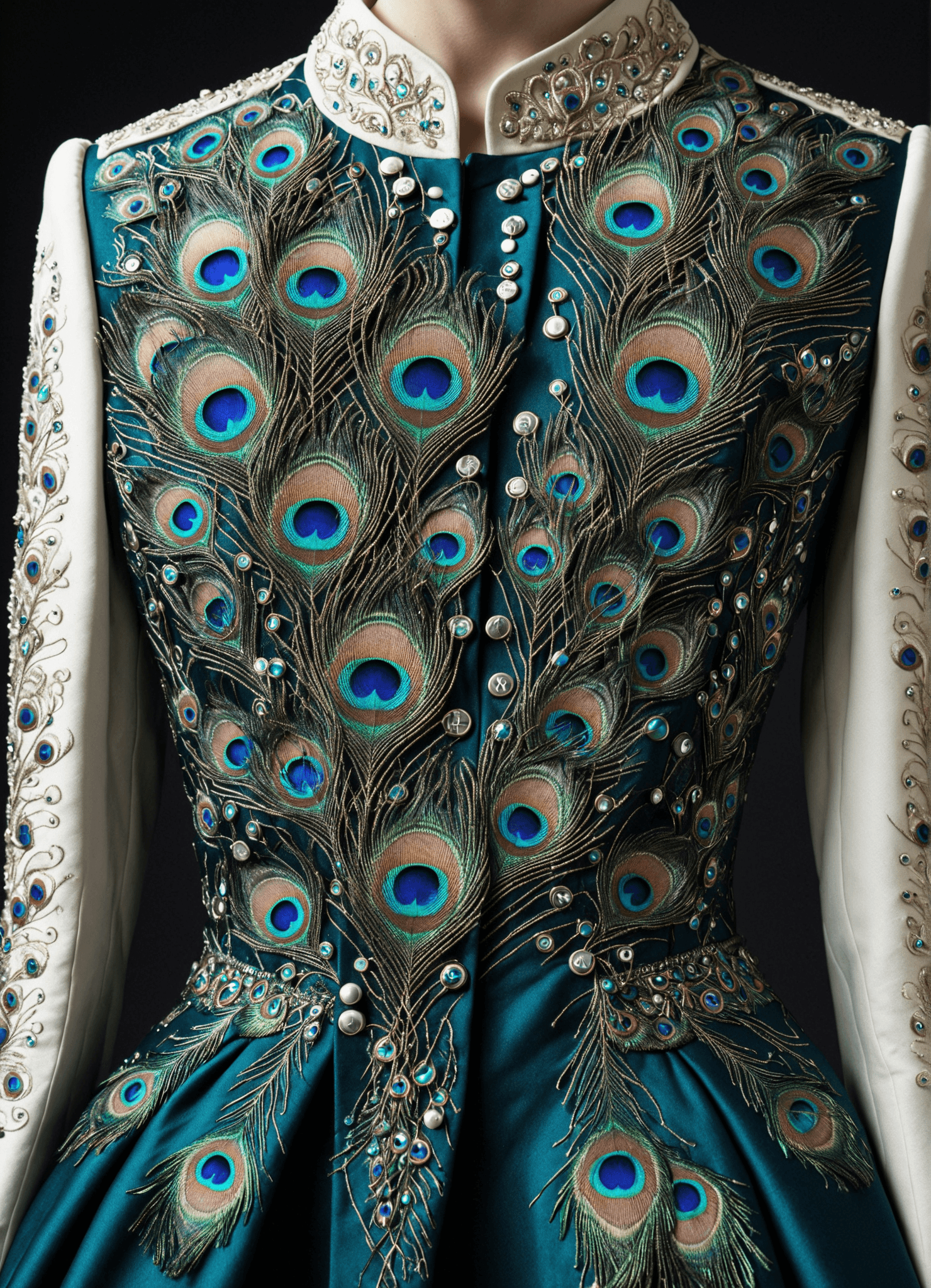 AI generated: <lora:Peacock_World_Morph_XL:1> time-traveling fashion designer, vintage and futuristic mix, peacock...