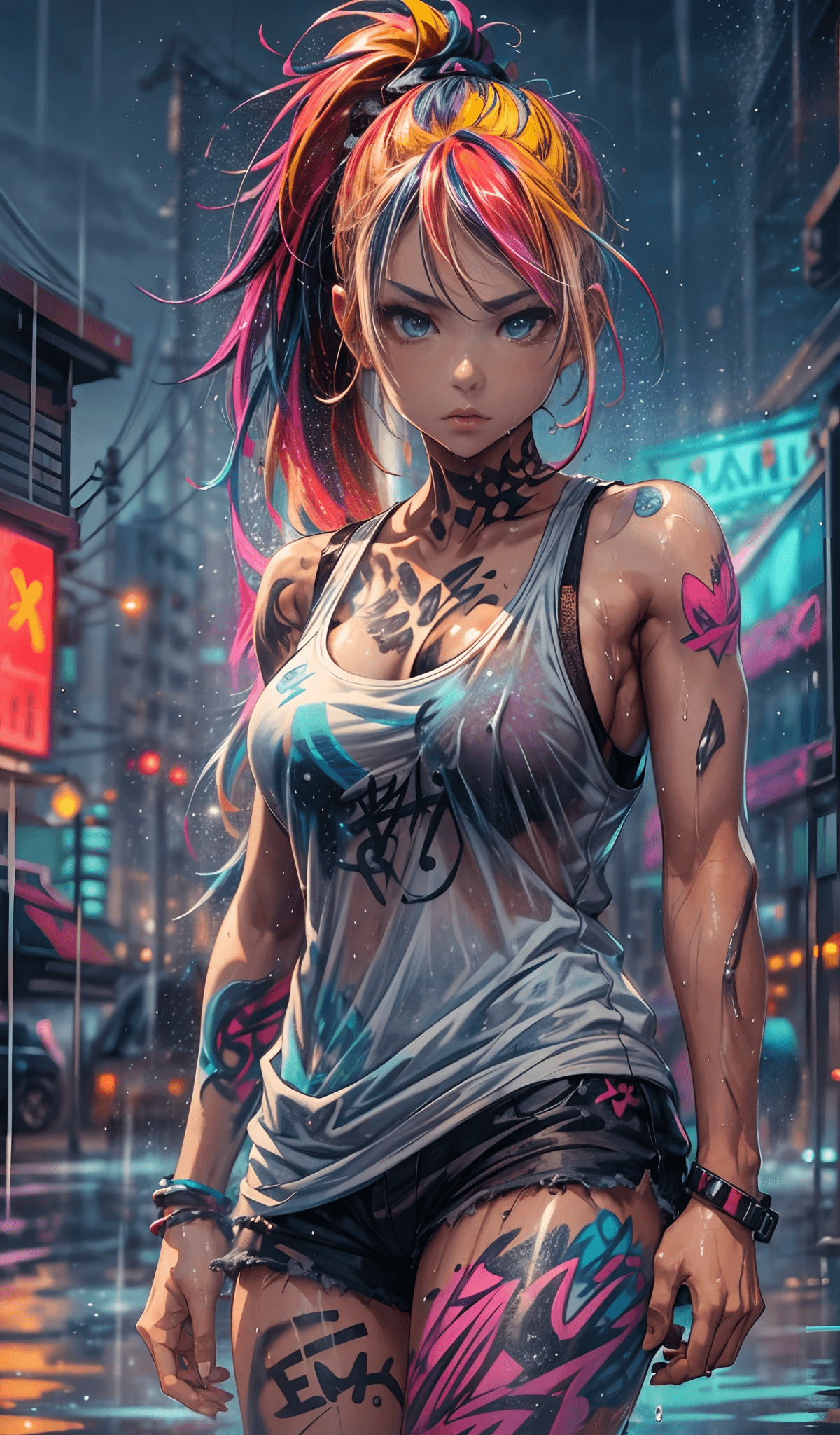 AI generated: masterpiece, concept art, centered, wide shot, front view, 1girl, wet, (rain, night), body tattoo, m...