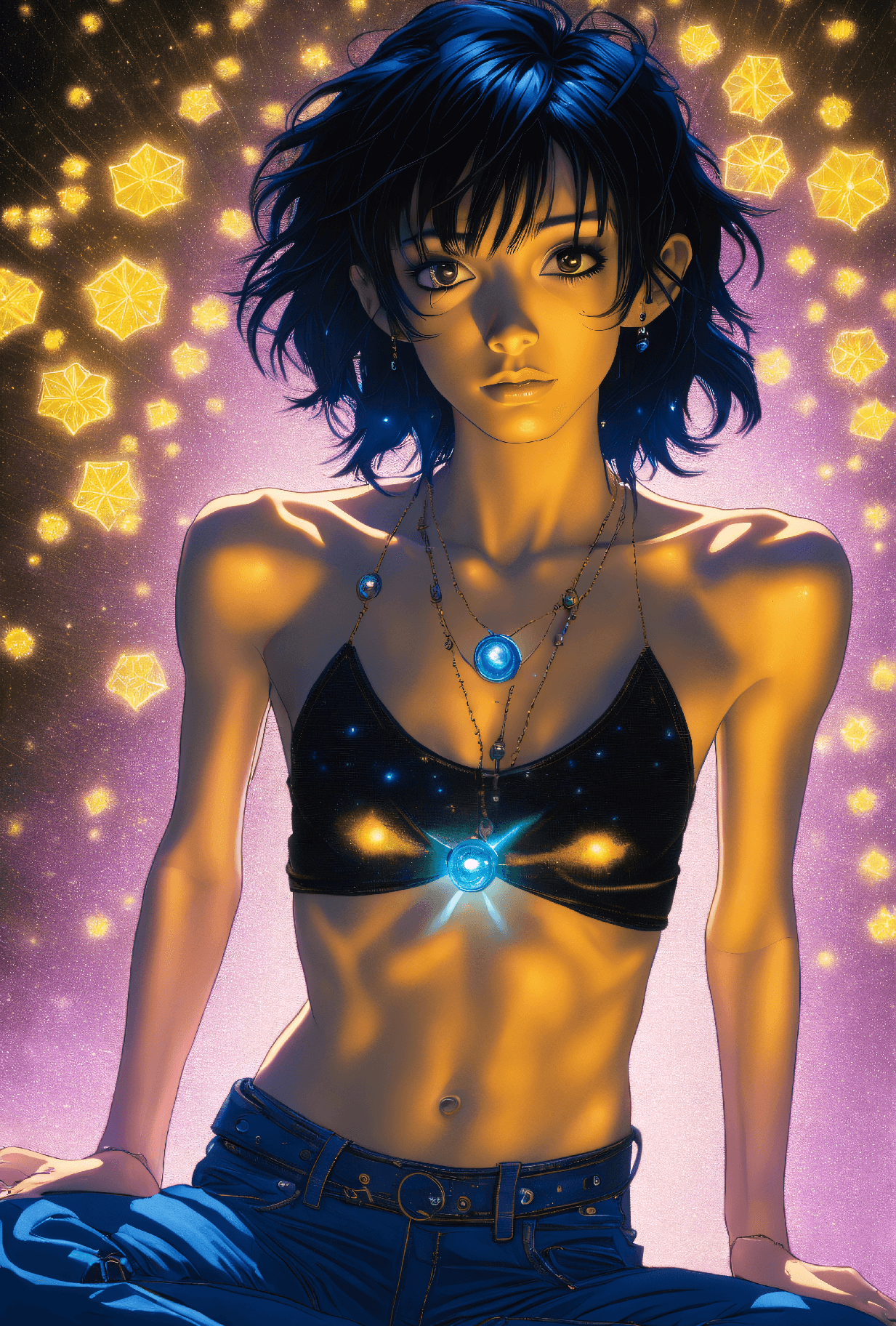AI generated: photograph, (deep blue theme:0.7) , aerial shot of a (Young Woman, skinny, fit, small breasts, bare ...