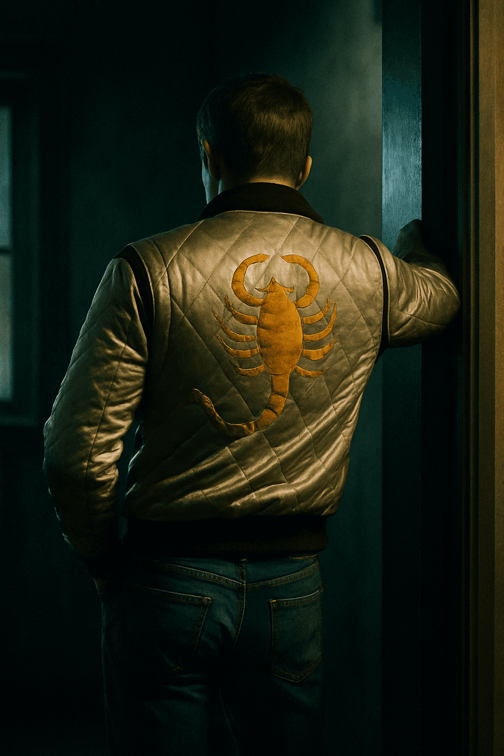 AI generated: Create a cinematic illustration of a man seen from behind, leaning against a doorframe. He is dresse...