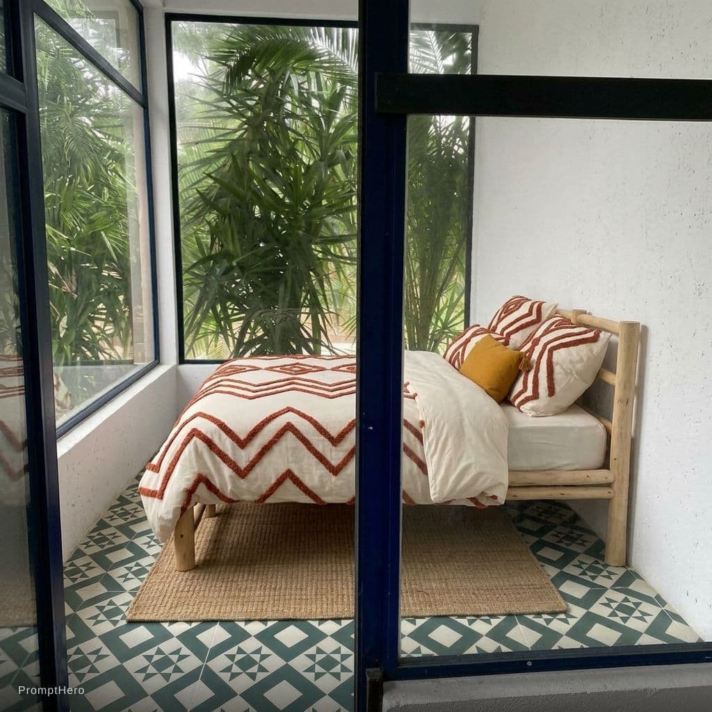 AI generated: replace the bed with the one in the reference image. Keep in mind the width of the room is only 2m a...