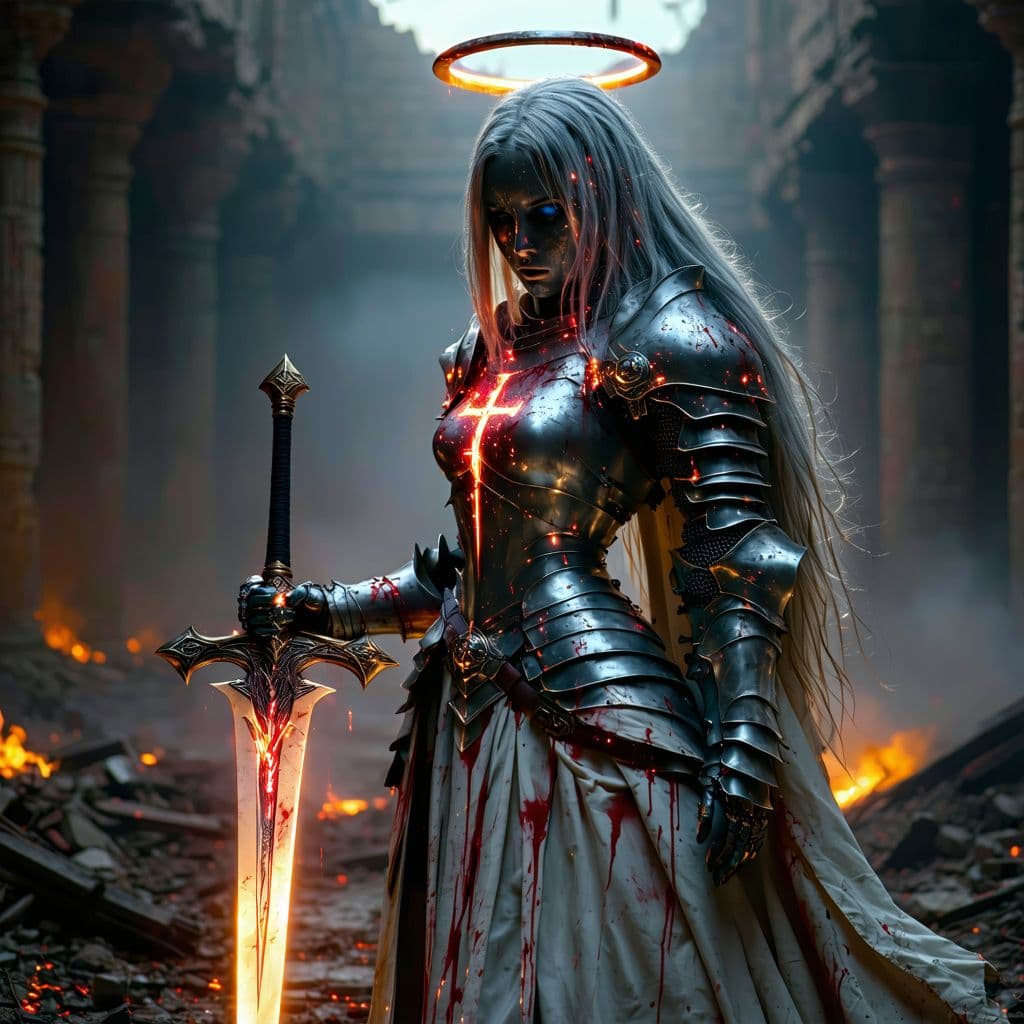 AI generated: 
a cinematic digital artwork featuring a powerful, female armored figure in a heroic yet worn, batt...