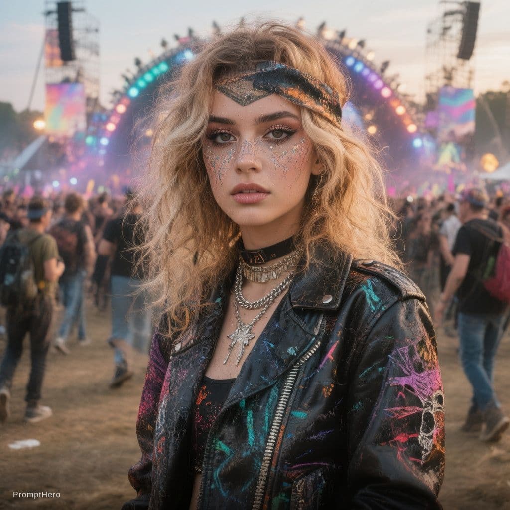 AI generated: Social media influencer photoshoot, natural pose, music festival, hyperrealistic, photorealism, shot...
