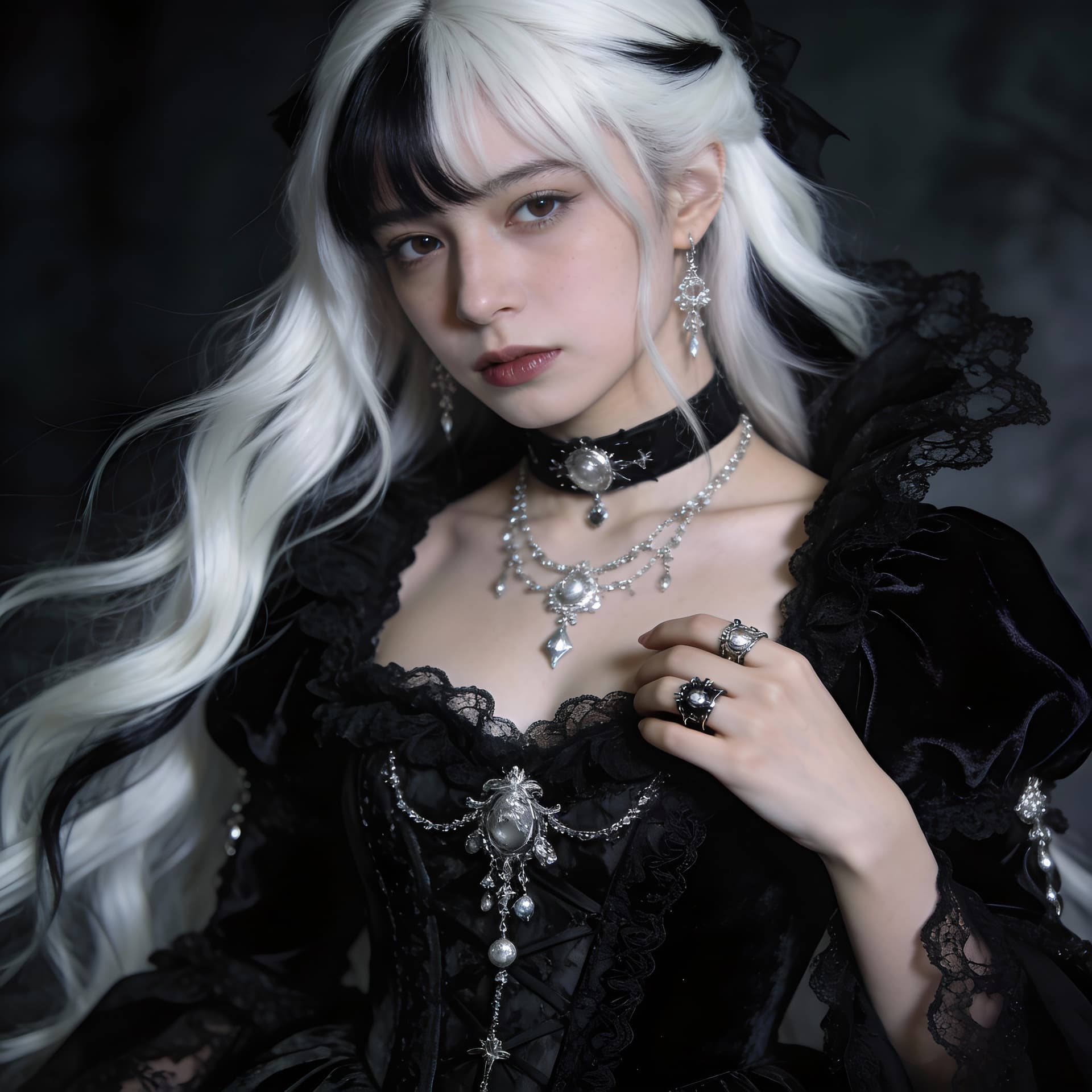 AI generated: This striking photo features a woman dressed in a gothic-inspired outfit, a young 20-year-old gothic...