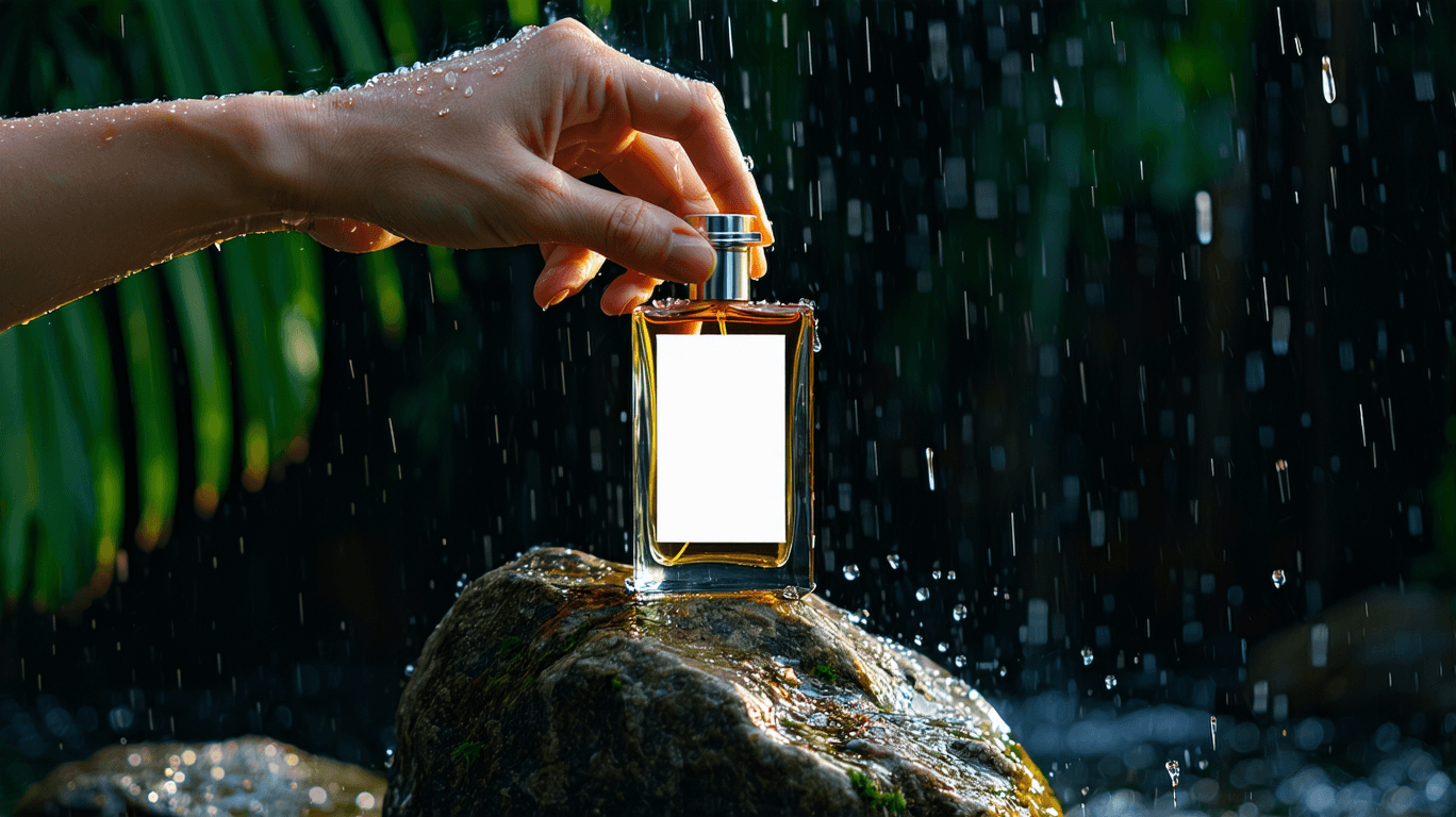 AI generated: High resolution photography of a hand grabbing a luxury perfume bottle on a rock with plastic white ...