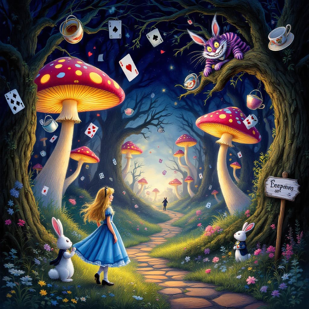 AI generated: A whimsical, dreamlike scene from Alice in Wonderland, featuring Alice in a blue dress walking throu...