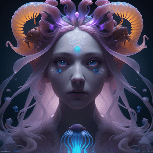 AI generated: Goddess close-up portrait ribcagel. jellyfish phoenix head, nautilus, orchid, skull, betta fish, bio...