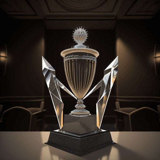 AI generated: Crystal Trophy in shape of California State, Hotel building, Cinematic lighting, intricate artwork. ...