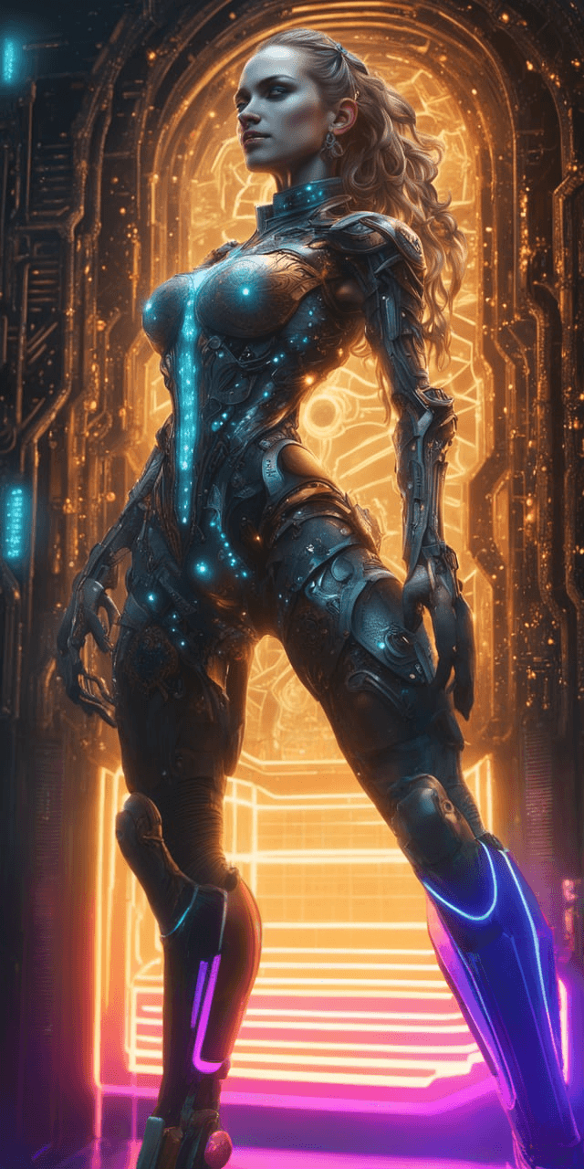 AI generated: A high definition detailed full body photograph of a beautiful cyber woman scientist, upgrades her m...