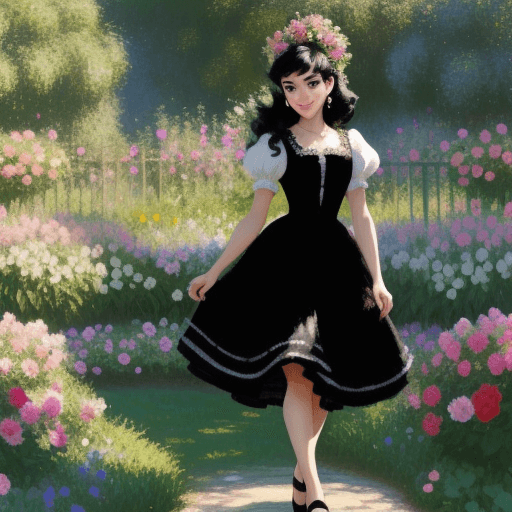 AI generated: black hair, disney style, cute, pretty, bright atmosphere, flowers, sunshine, classy, garden, party,...
