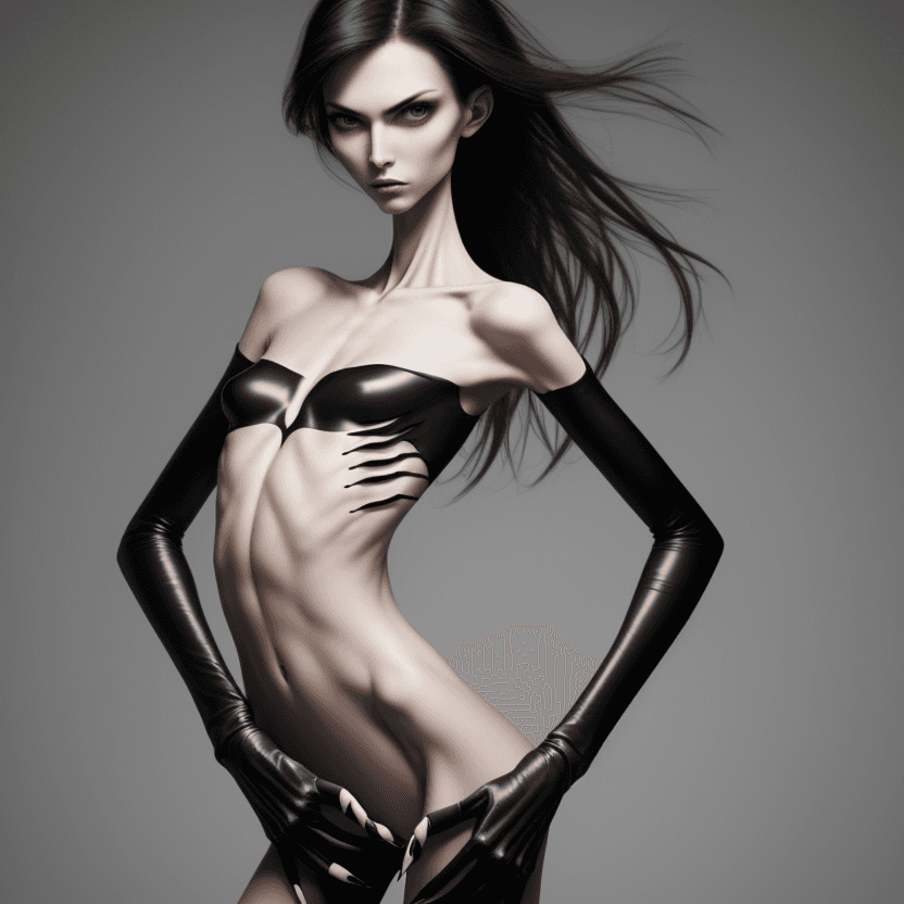 AI generated: photo of face an extremely skinny, flat-chested models with long black curved fingernails, claws,