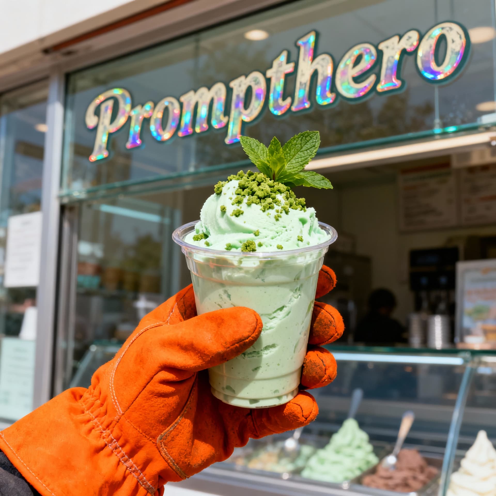 AI generated: A hand in vivid orange work gloves holding a clear plastic cup of pale-green frozen yogurt topped wi...