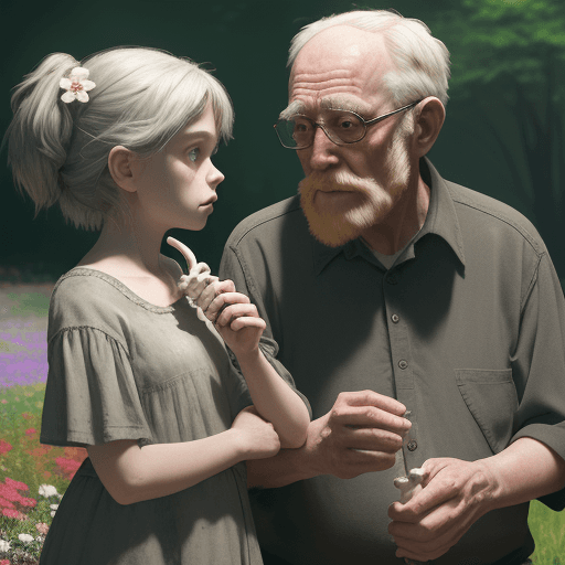 AI generated: a old man holds a bone. the girl says it is good. cinematic. 8k. the background is with flowers. con...