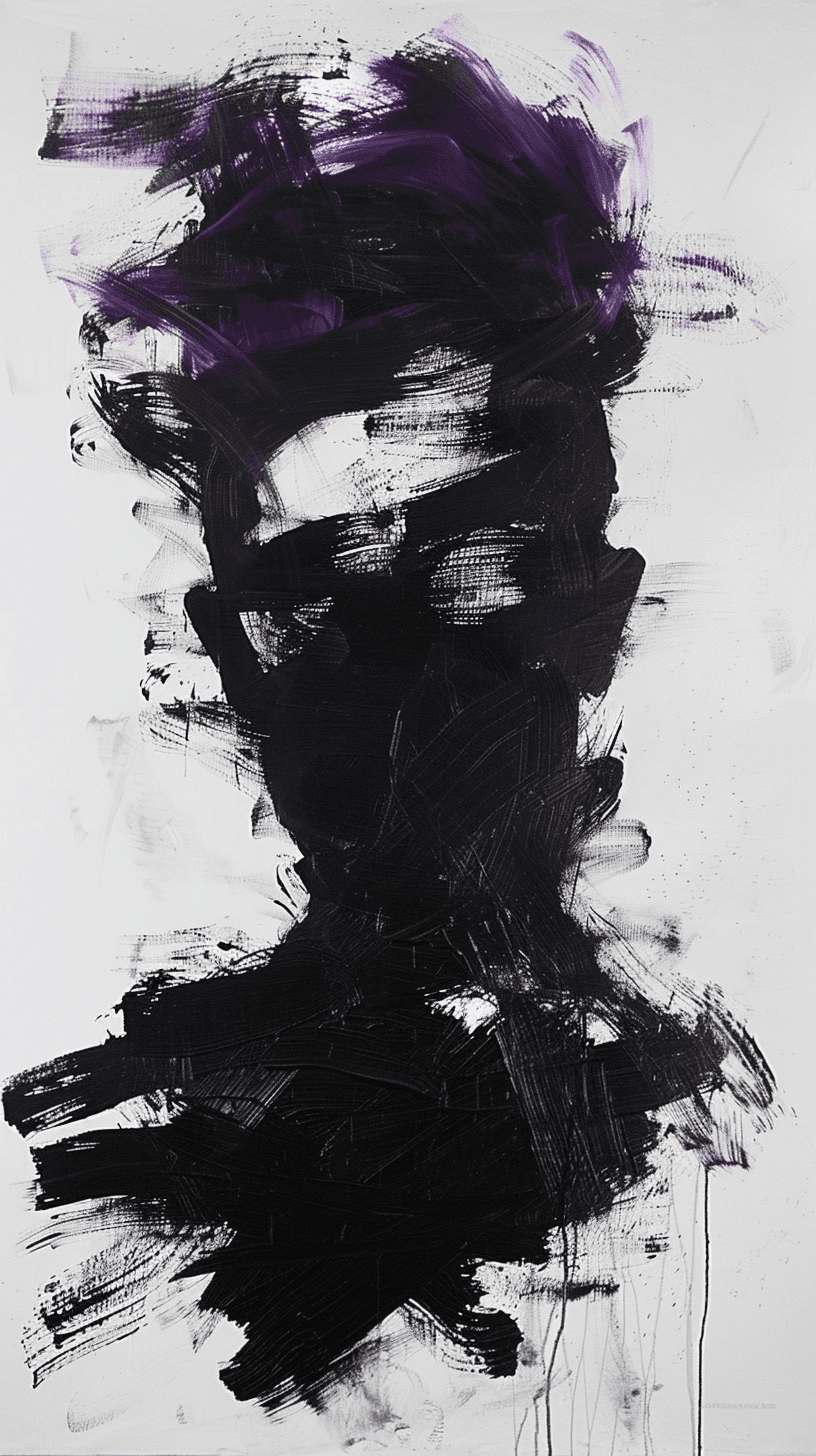 AI generated: abstract portrait using bold, sweeping brush strokes in shades of black and deep purple against a st...