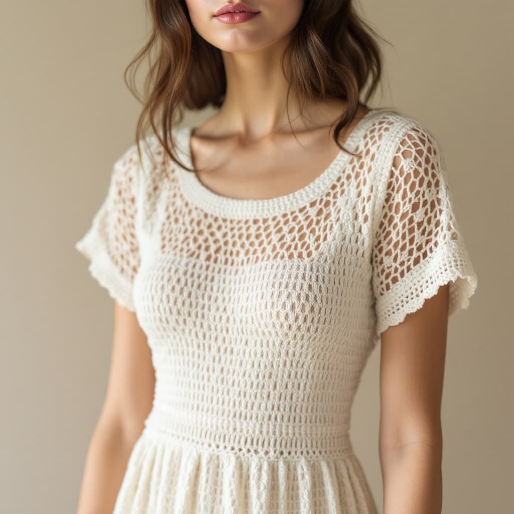 AI generated: "A simple and elegant crochet dress, featuring clean lines and a minimalist design. The dress is cra...