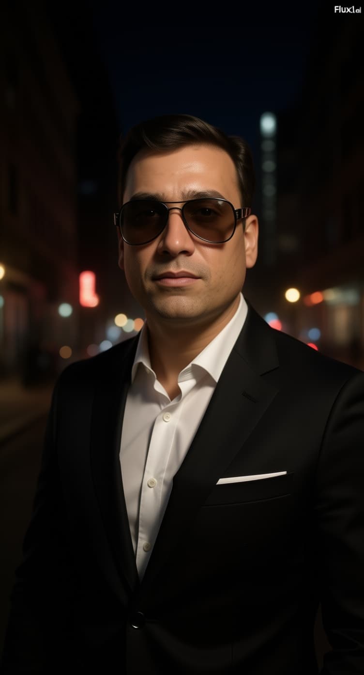 AI generated: Transform this photo into a portrait of a stylish man wearing a tailored black suit with a crisp whi...