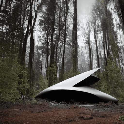 AI generated: Imagine a dramatic scene featuring a futuristic spaceship that has crash-landed in a dense forest. T...