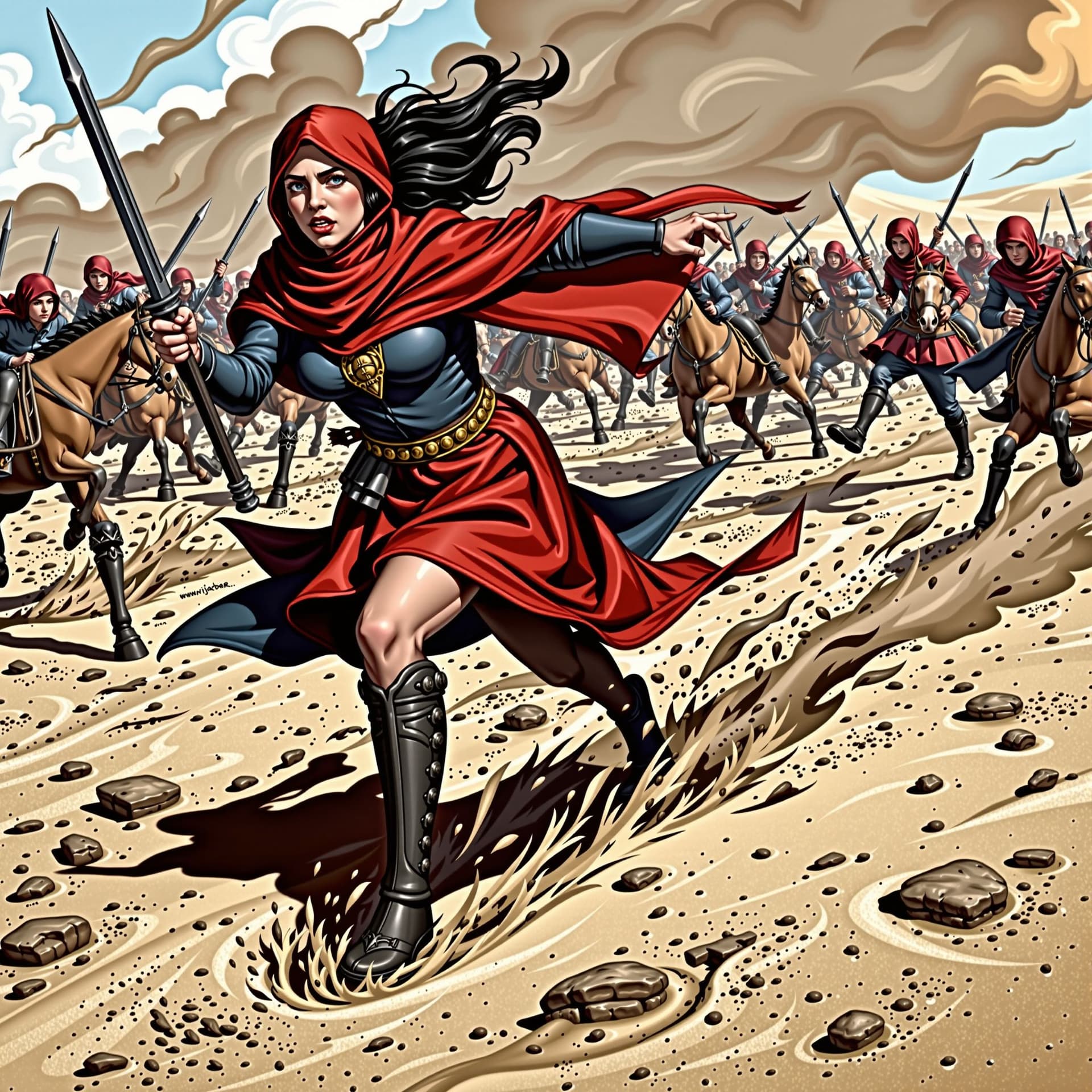 AI generated: "Khawla bint al-Azwar, courageous and swift, charges across a vast, dusty desert battlefield, her sp...